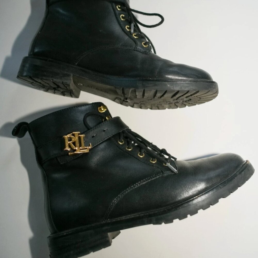 Ralph Lauren Black Eldridge Burnished Leather Combat Boot Size 7
